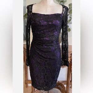 David Meister-Lace Dress long sleeve w/Purple Underlay, Beaded Cuff, Size 6